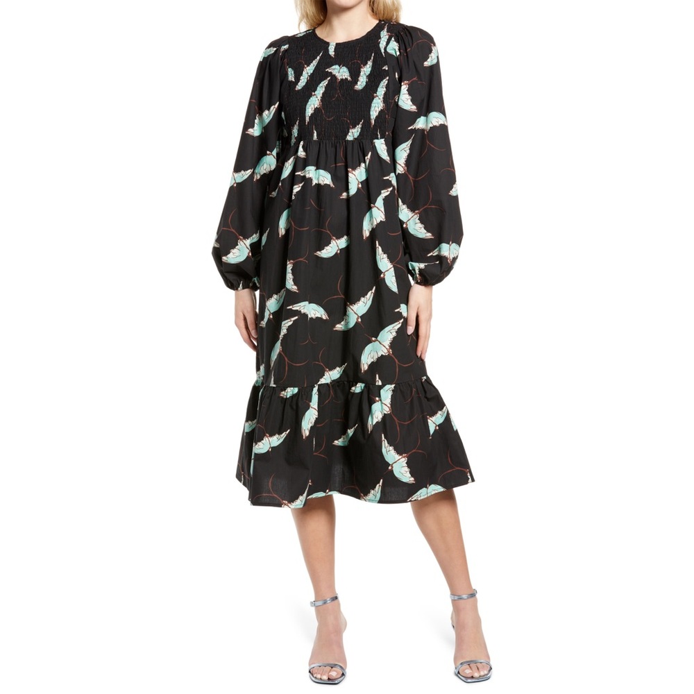 Never Fully Dressed Black Swallows Smocked Dress